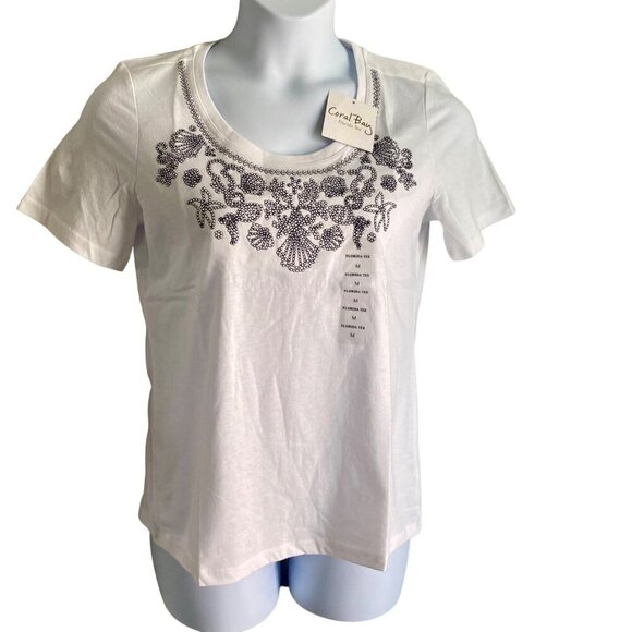 Coral Bay White Embroidered Florida Tee Women's Medium NEW NWT - Picture 1 of 6